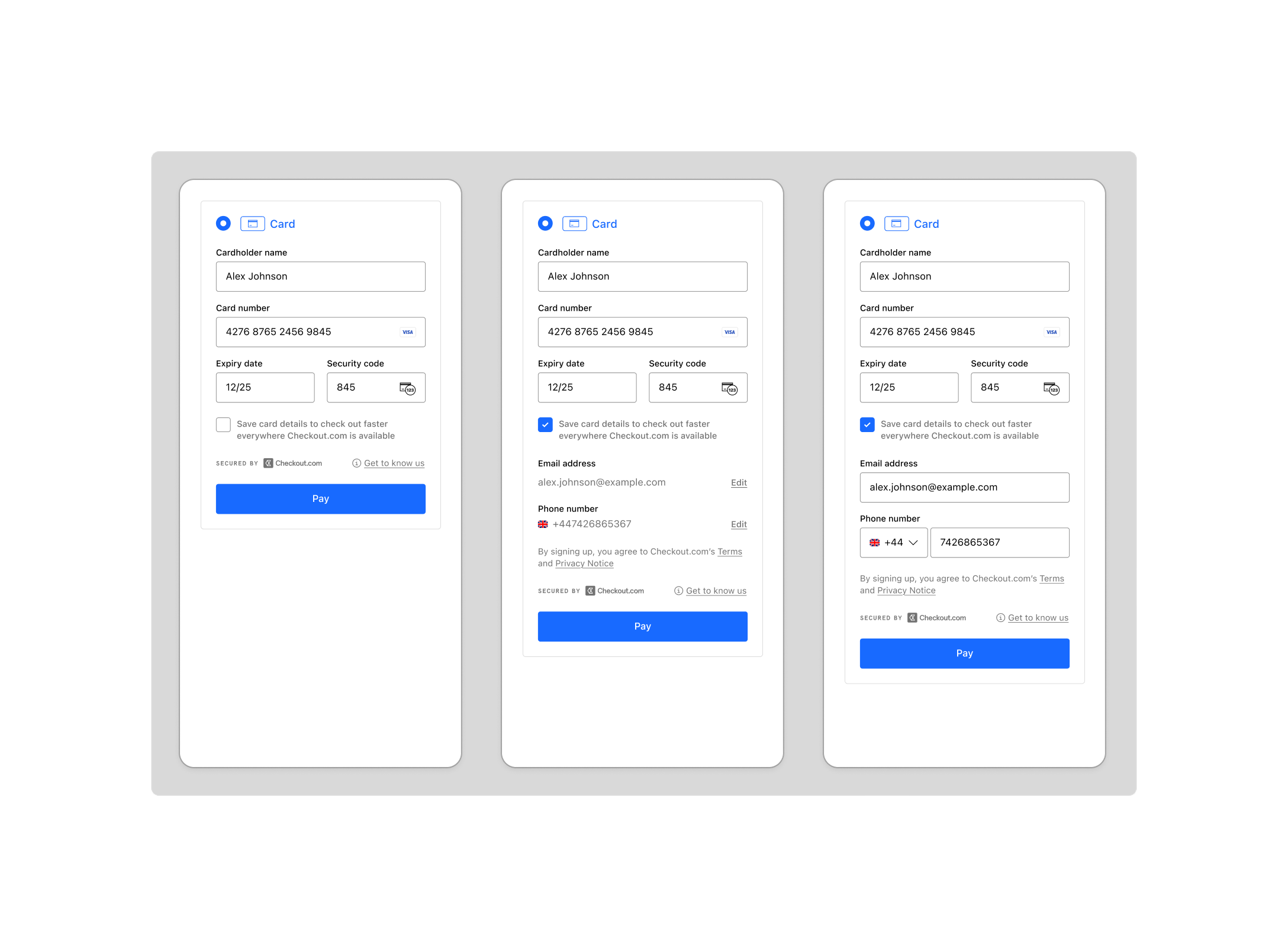 The experience for a new customer saving their details with Remember Me.