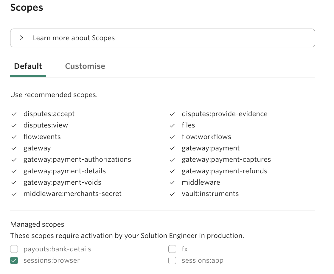 Default scopes screen showing recommended and managed scopes