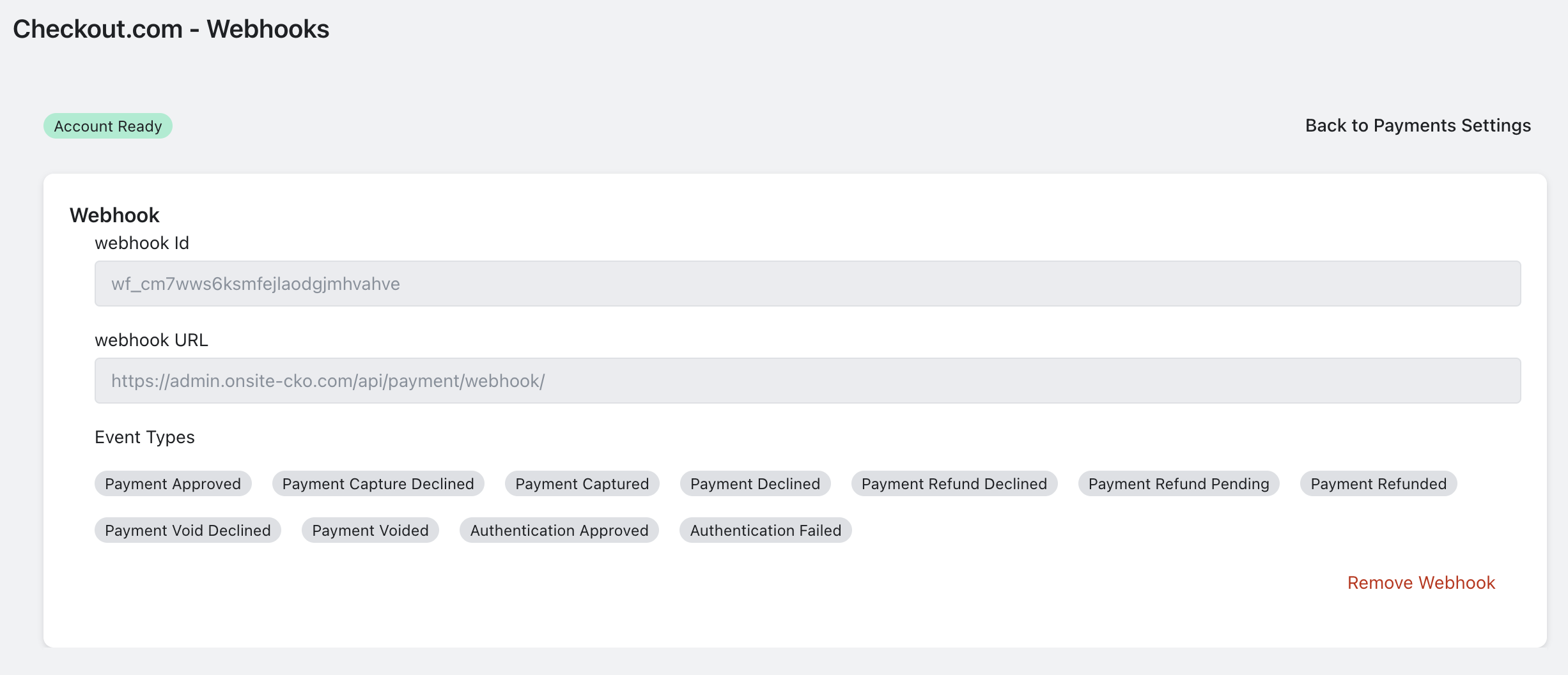 Webhooks configuration screen