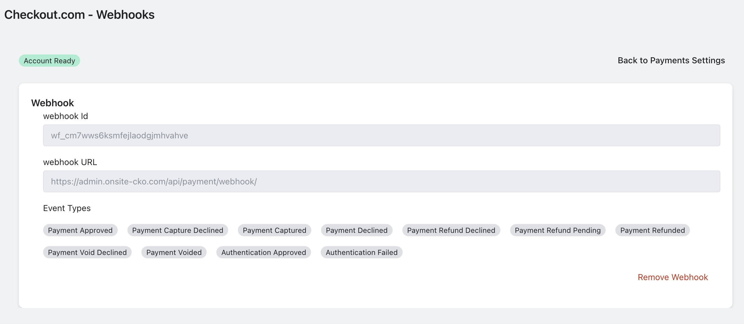 Webhooks configuration screen