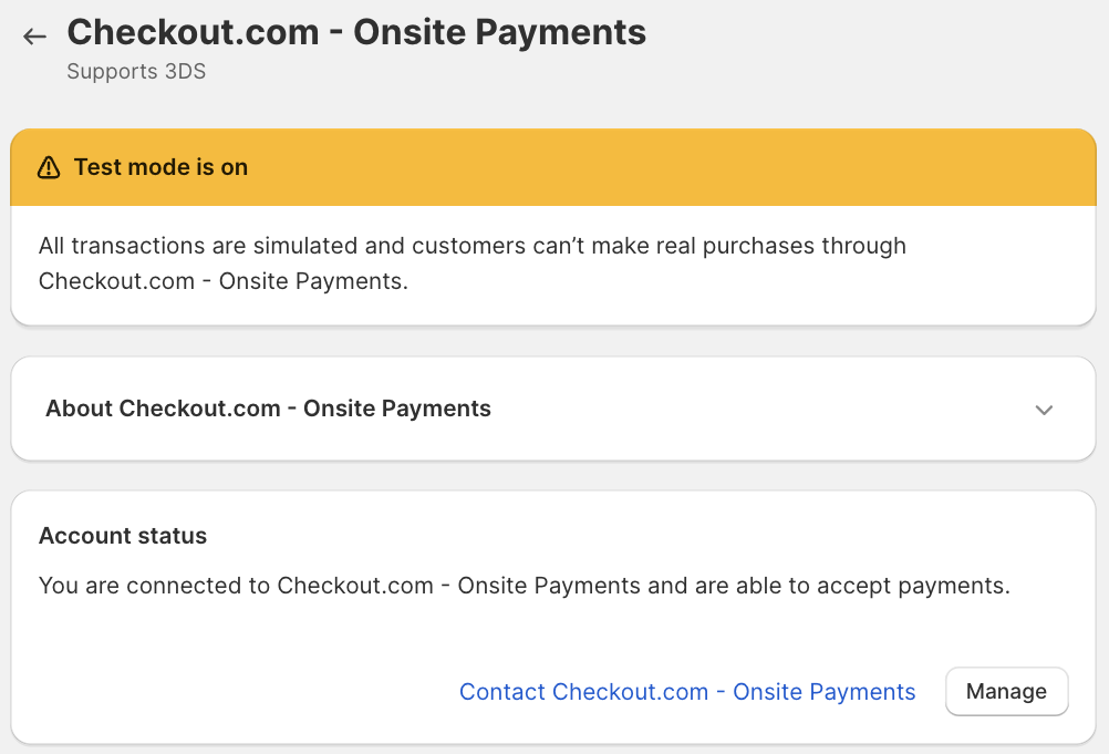 Settings screen with the message ‘Test mode is on’
